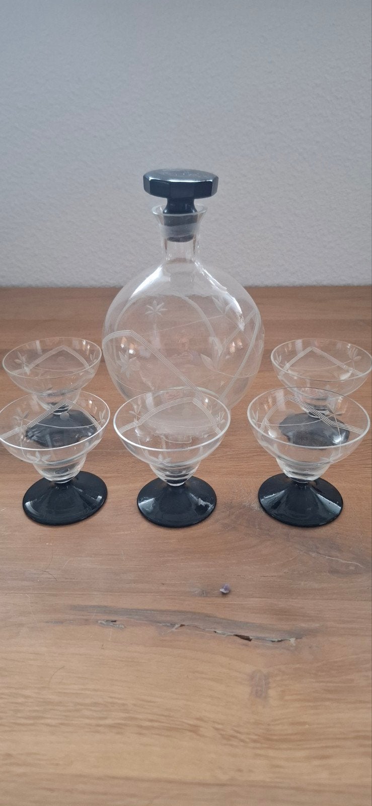 Art Deco Glazen Karaf Likeur Set, 5 Glaasjes Jaren '20-'30, Ophalen