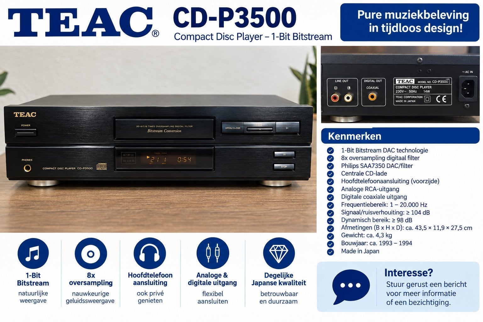 TEAC CD-P3500 – Vintage 1-bit Bitstream CD-speler, Gebruikt, Ophalen of Verzenden, Rua 197, Teac