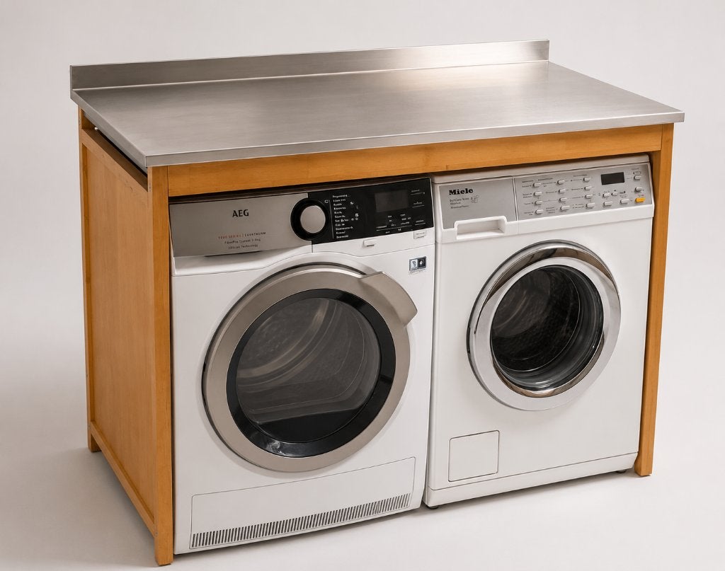 Wasmeubel / wasmachinekast met RVS werkblad – massief hout, Ophalen, Zo goed als nieuw, 1200 tot 1600 toeren