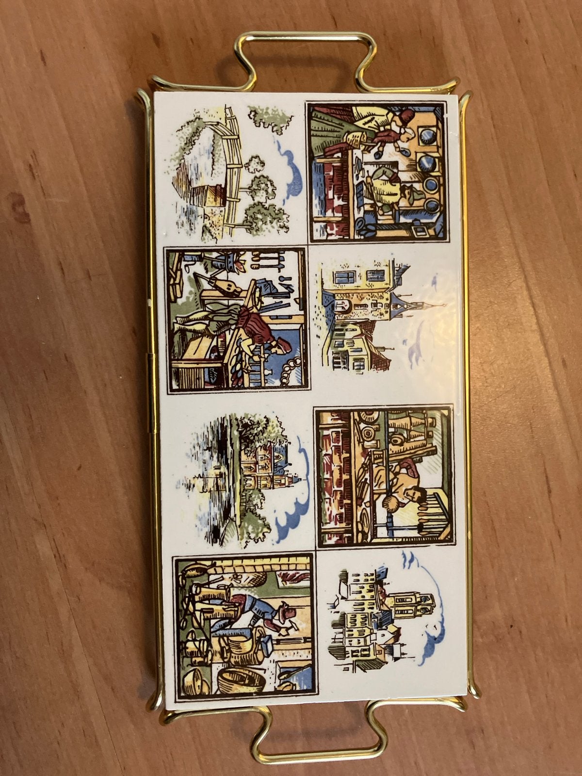 Vintage Hollandse tegel onderzetter met messing frame, Ophalen of Verzenden