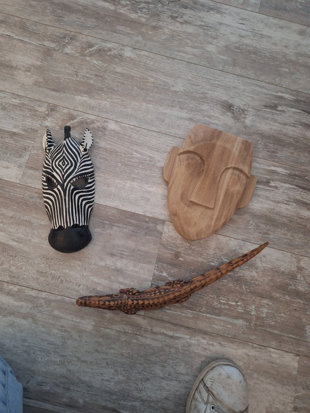 decoratie set: zebra masker, houten masker en krok, Gesneden, Afrika, Masker, Meerkleurig