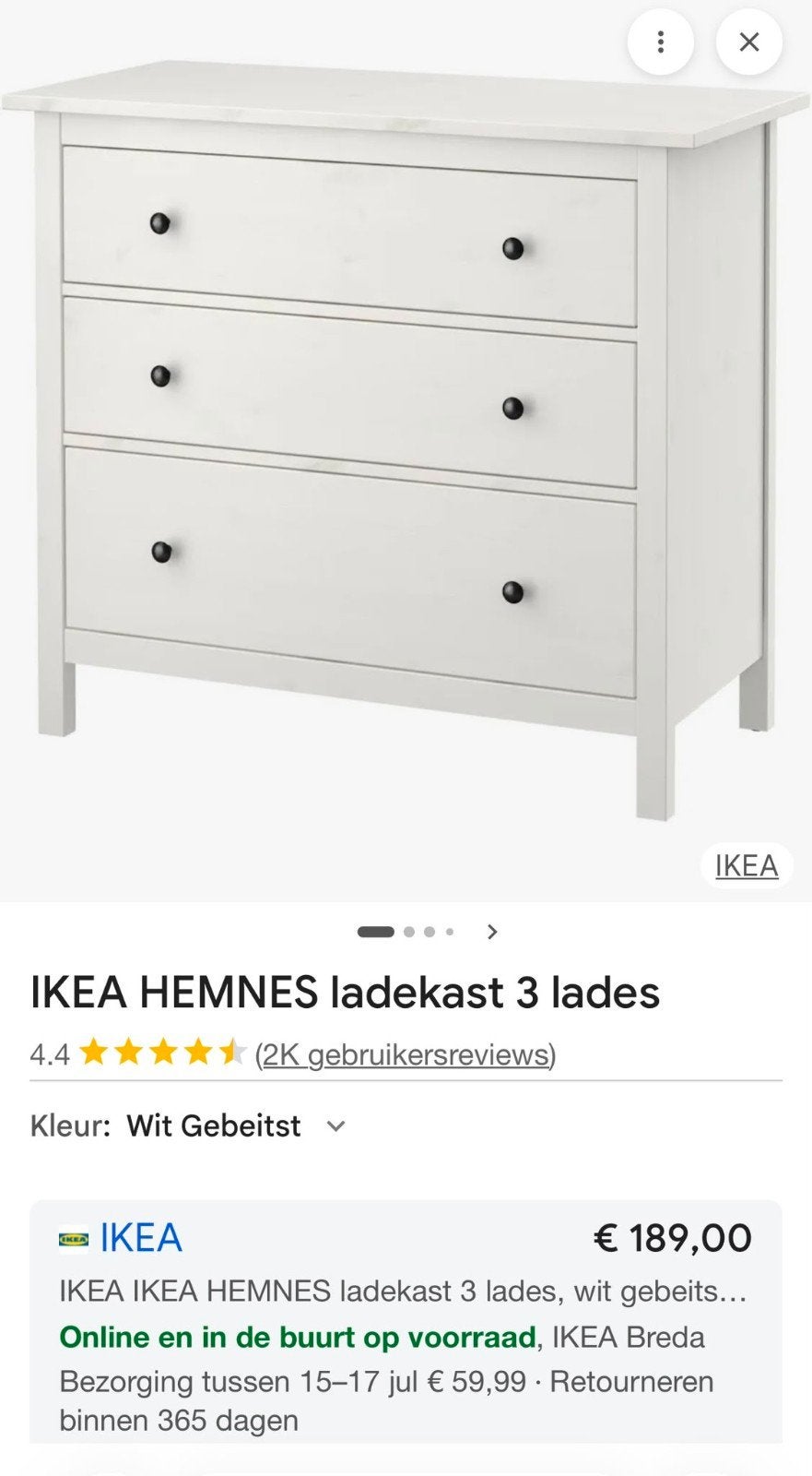 IKEA Hemnes ladekast met 3 lades - Wit, Ophalen, Gebruikt, 100 tot 150 cm, 50 tot 100 cm