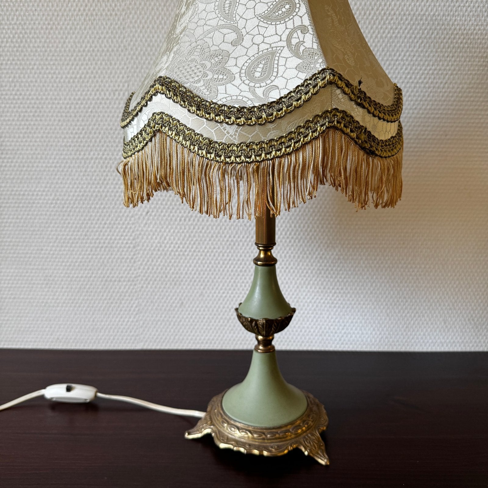 Klassiek Barokke Tafellamp met Kap, Groen en Messing Goud, Groen, Met kap, Ophalen of Verzenden, Textiel