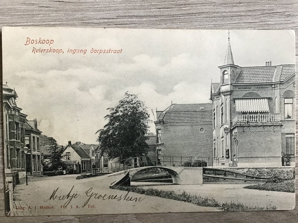 Oude briefkaart Boskoop, Reierskoop, ingang dorpsstraat 1904, Ophalen of Verzenden, Voor 1920, Gelopen, Zuid-Holland