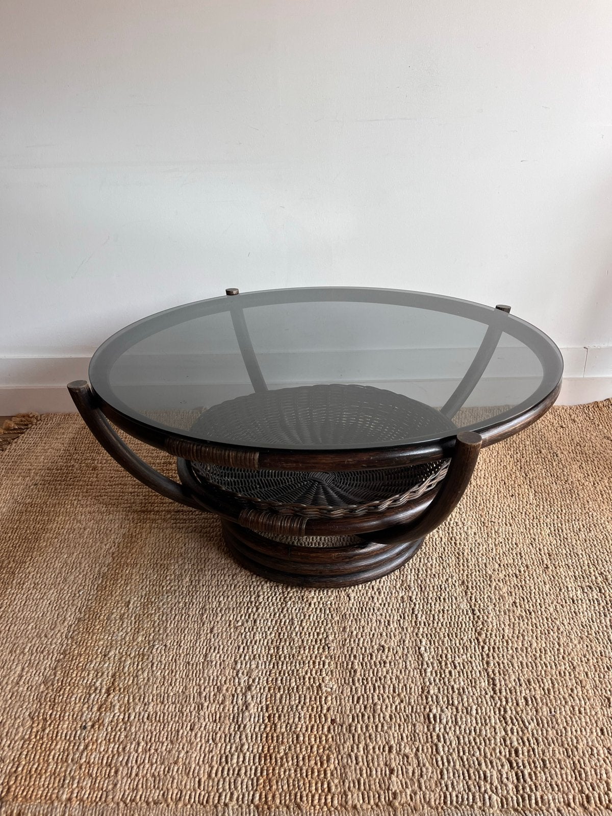 Rotan Manou Salontafel met Glazen Blad, Ophalen, Gebruikt, Vintage, Rond