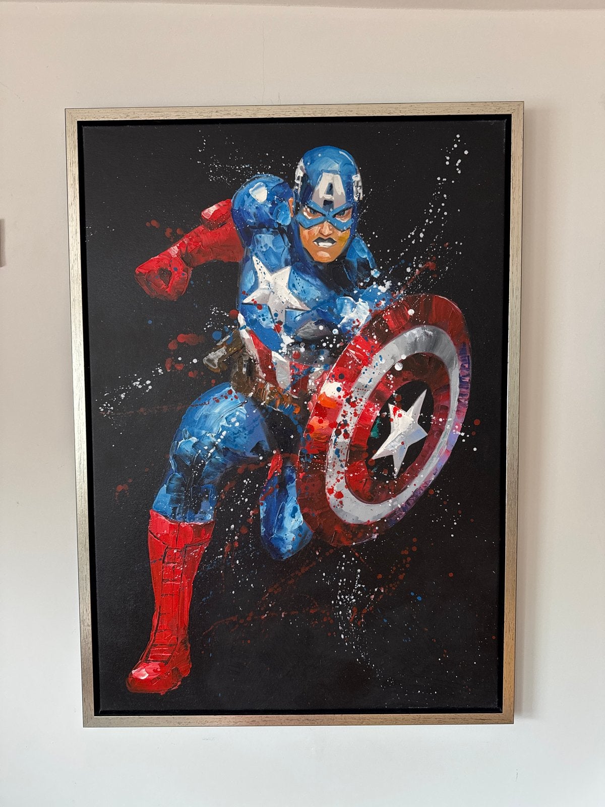 Olieverf Schilderij Captain America - Handgeschilderd, Antiek en Kunst, Ophalen, Film, Olieverf, Echtheidscertificaat