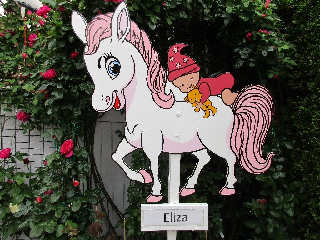 Geboortebord baby met beertje op schattig roze paardje, Ophalen, Nieuw, Geboortebord