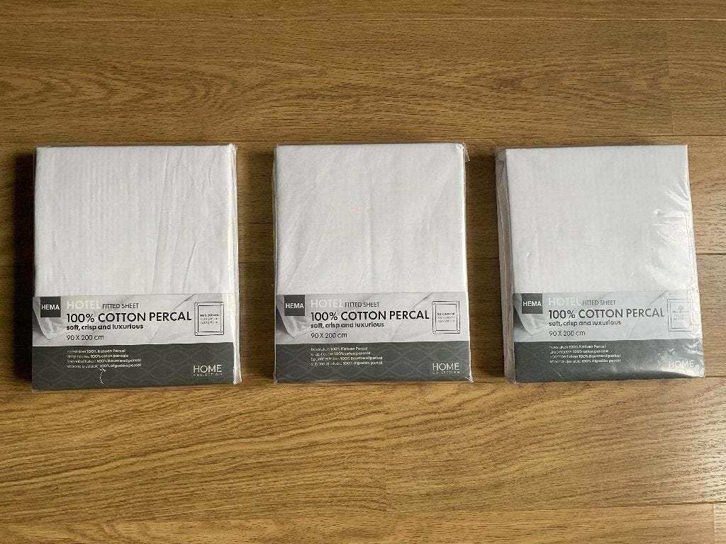 Hoeslaken Hema 90x200 3 stuks wit nieuw in verpakking €30, Eenpersoons, Katoen, Nieuw, Ophalen of Verzenden