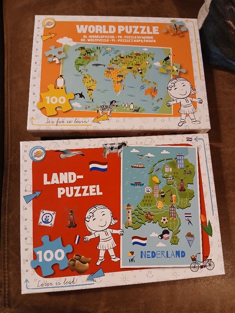 2 puzzels Nederland en Wereld, Ophalen of Verzenden, Meer dan 50 stukjes, Gebruikt, 6 jaar of ouder