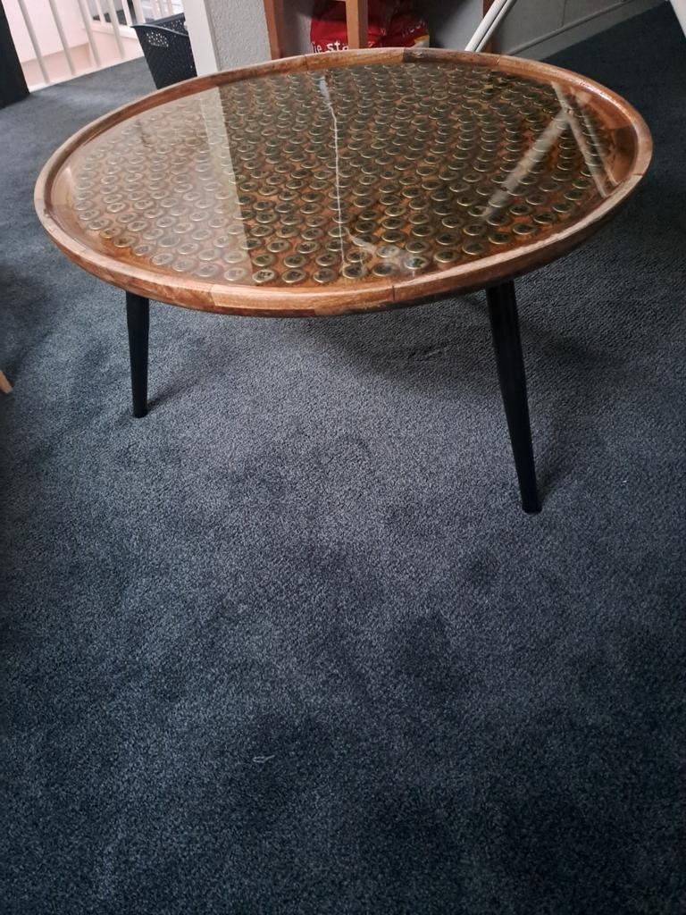 Mangohouten Hertog Jan Bierdoppen bijzettafel, 50 tot 100 cm, Rond, Zo goed als nieuw, Overige houtsoorten
