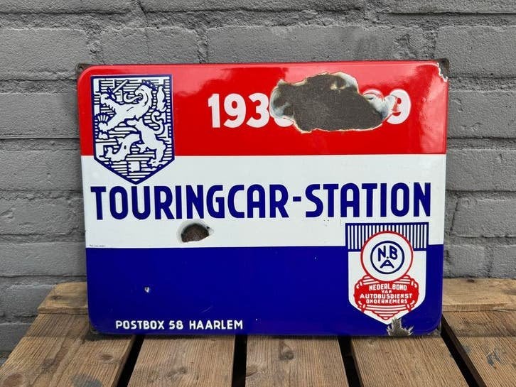 Vintage Emaille Touringcar-Station Bord 1930s, Ophalen of Verzenden