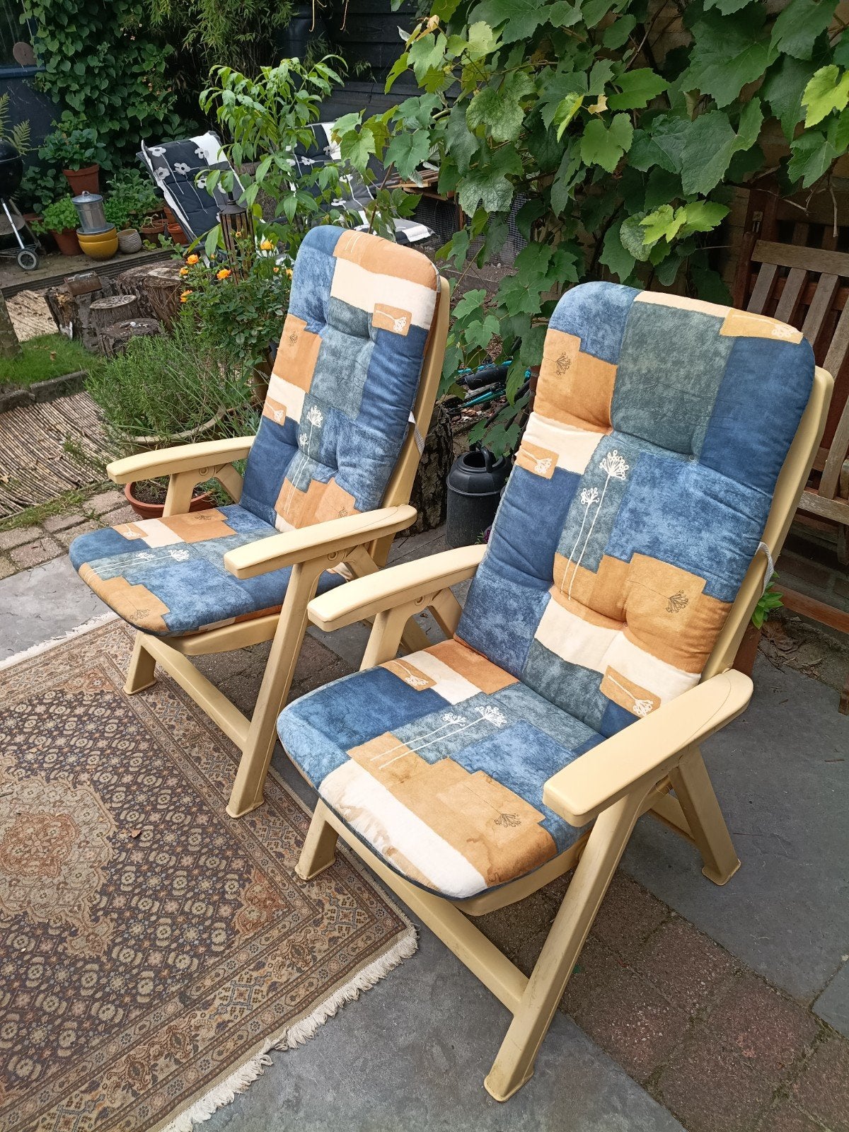 2 jardin retro tuinstoelen met kussens, Ophalen, Gebruikt, Kunststof, Verstelbaar