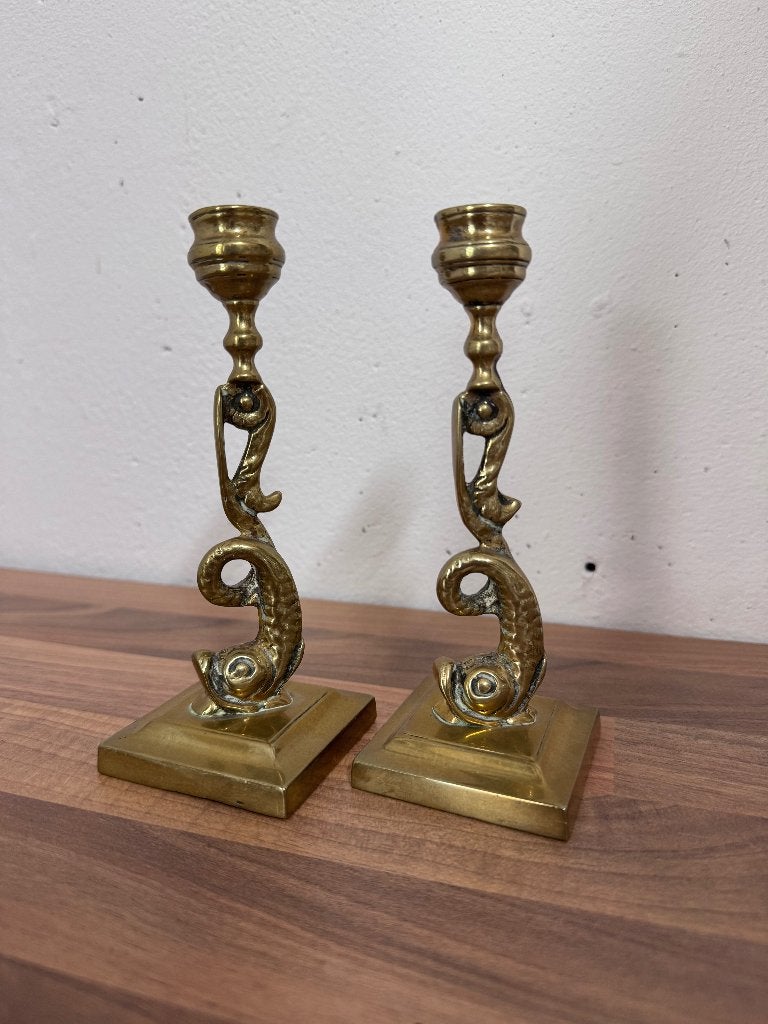 Messing kandelaars | antiek | dolfijn, Antiek en Kunst, Ophalen of Verzenden, Overige materialen