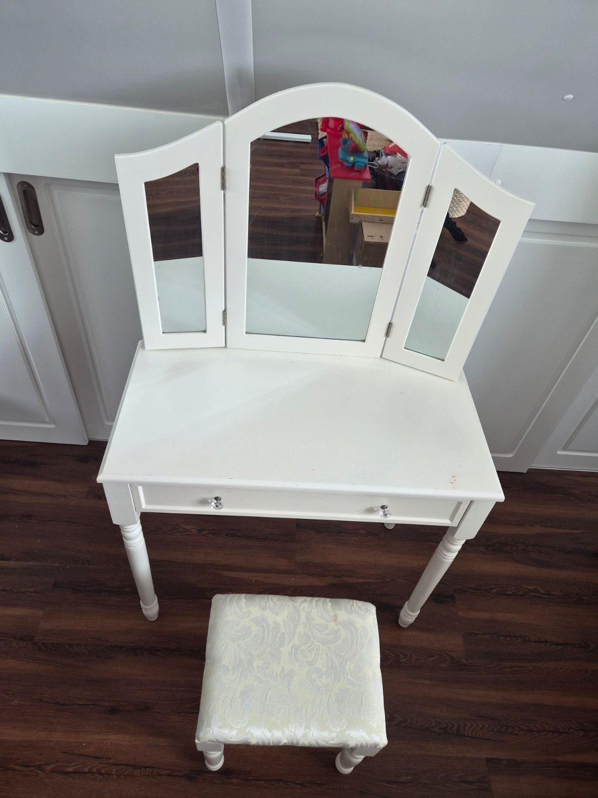 Witte kaptafel met spiegel en krukje, Ophalen, Gebruikt, 100 tot 150 cm, 50 tot 100 cm
