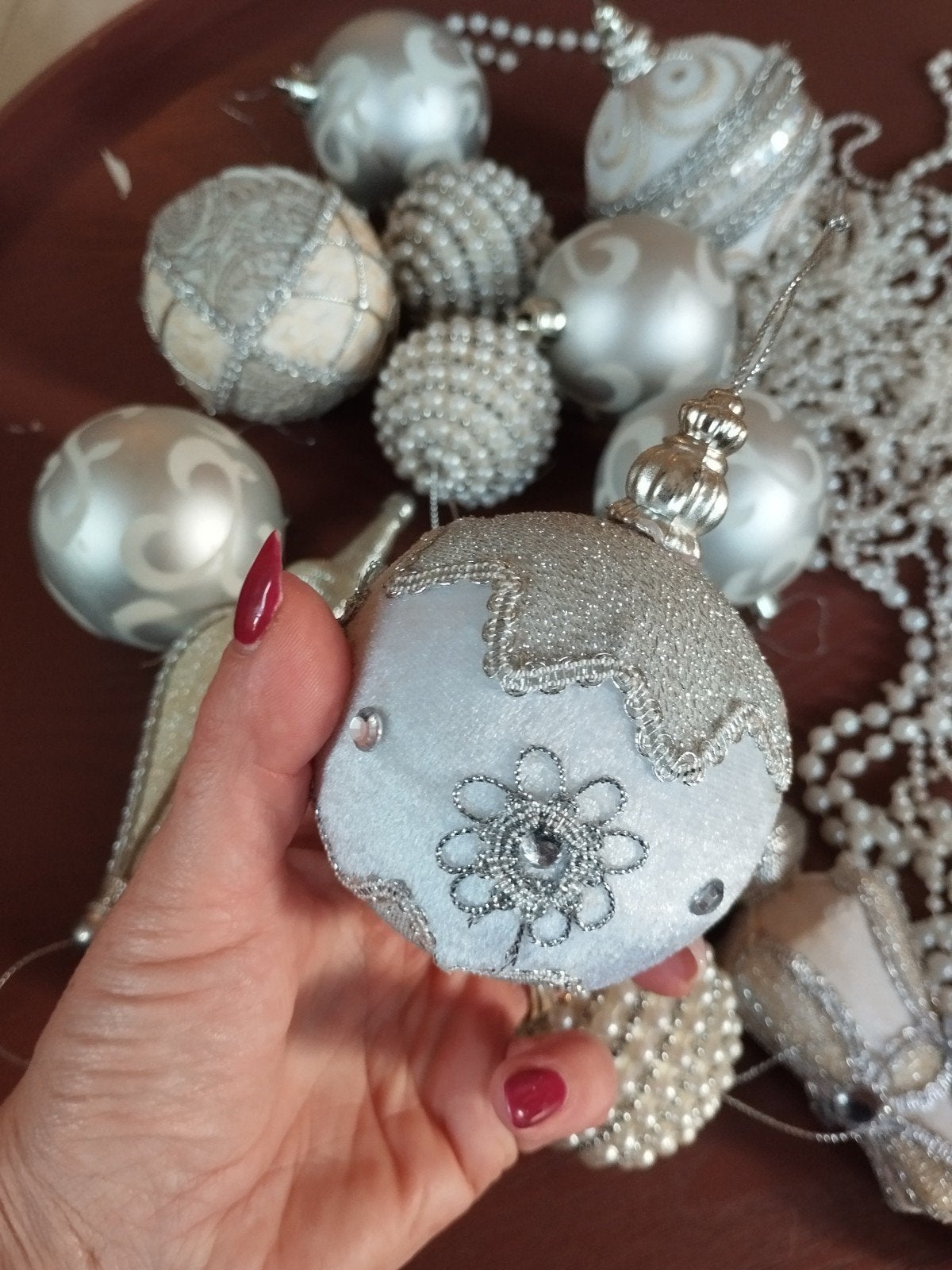 Brocante kerstballen, parels, wit en zilver, Ophalen of Verzenden
