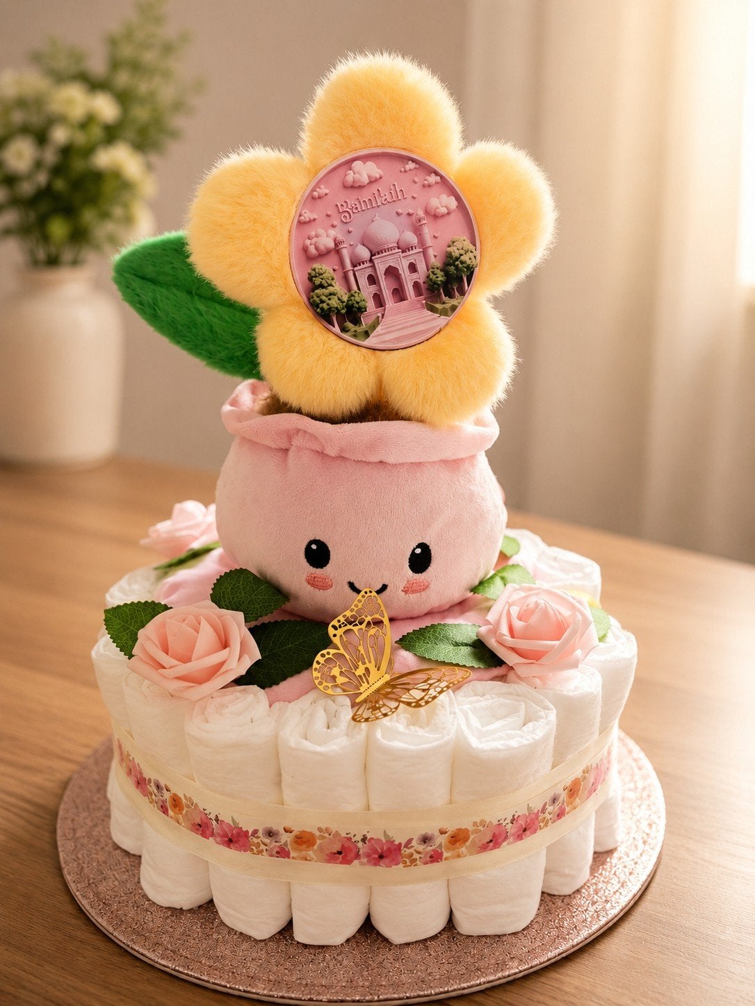 Luiertaart met schattige bloempot, Ophalen of Verzenden, Nieuw, Kraamcadeau