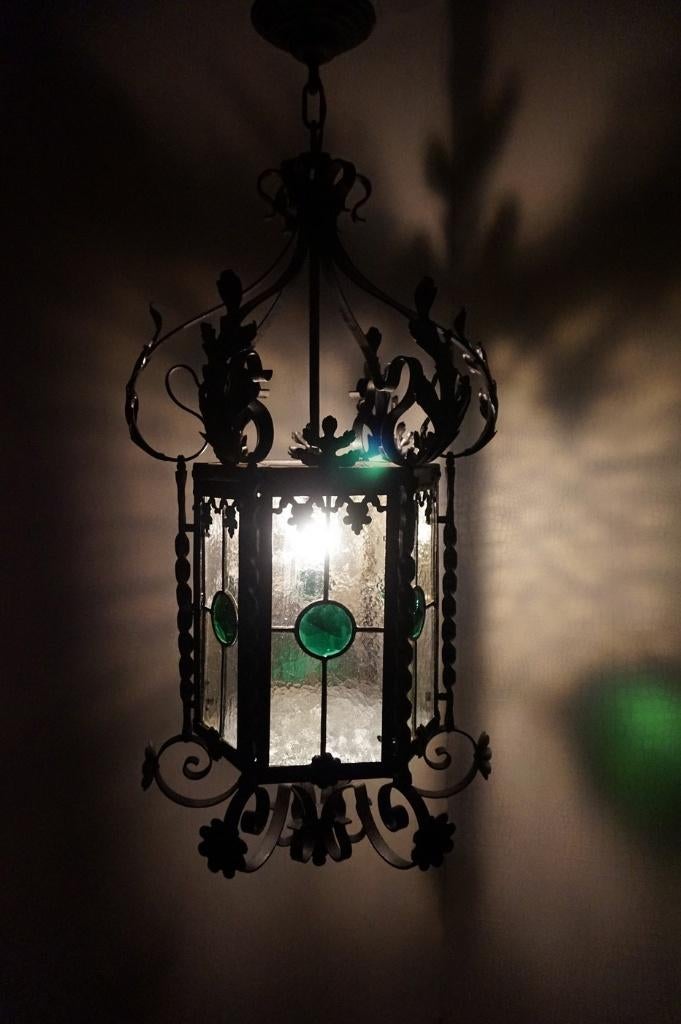 Antieke glas in lood en ijzeren Hallamp - Kasteellamp, Antiek en Kunst, Ophalen