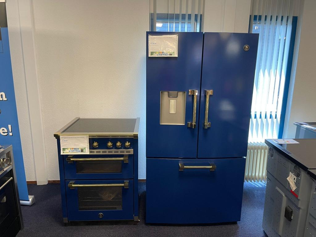 STEEL Amerikaanse koelkast en inductie fornuis set blauwgoud, Witgoed en Apparatuur, 60 cm of meer, Zo goed als nieuw, Energieklasse A of zuiniger