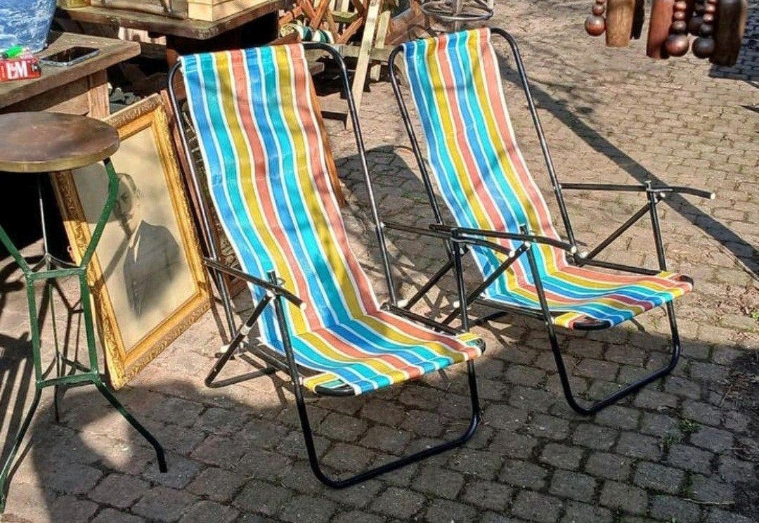 Set van 2 vintage strandstoelen - Made in Brazil, Tuin en Terras, Ophalen of Verzenden, Gebruikt, Metaal, Inklapbaar