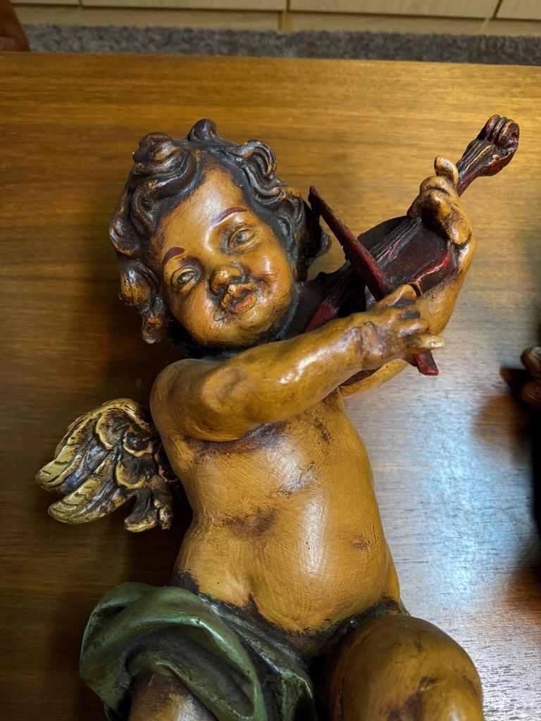 Set van 3 Vintage Putti Engelen Beelden met Muziekinstrument, Antiek en Kunst, Ophalen of Verzenden, 20 - 50 cm, Beeld, Composieten