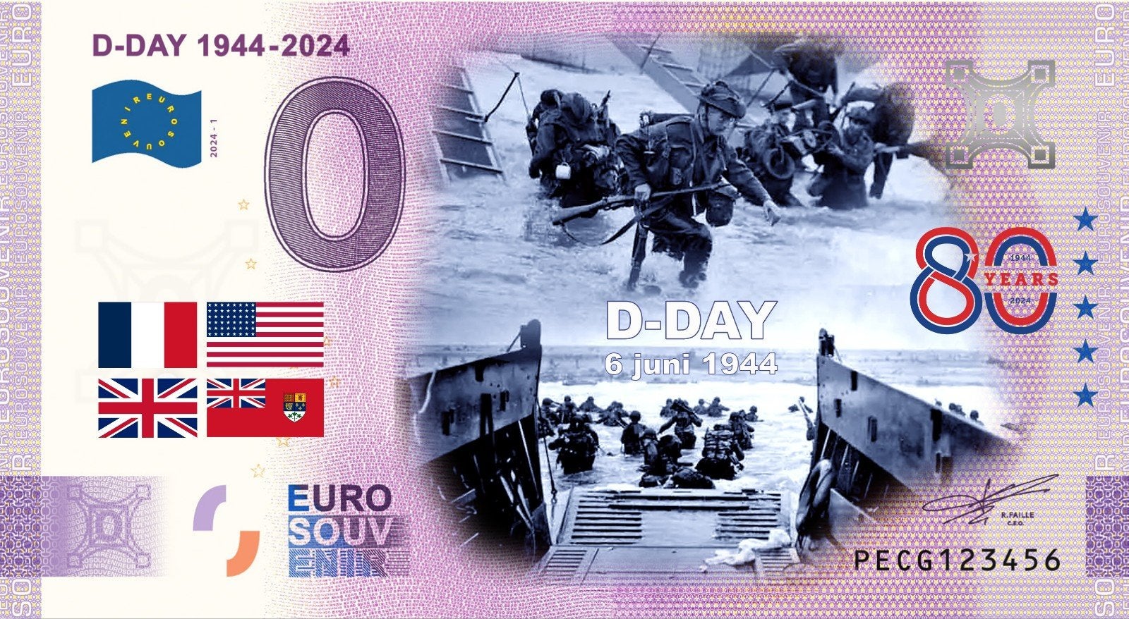 0 Euro biljet D-Day 1944-2024 Kleur, Postzegels en Munten, Ophalen of Verzenden