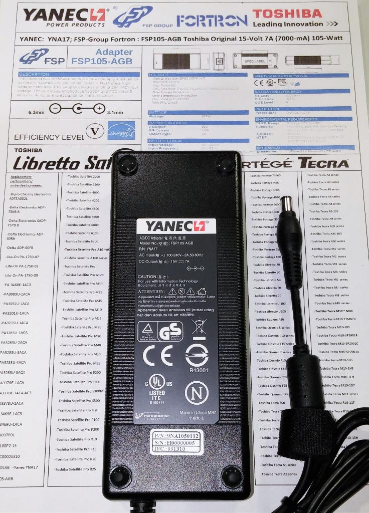 Toshiba Yanec FSP105-AGB 15V 7A Adapter 105W Lader Oplader