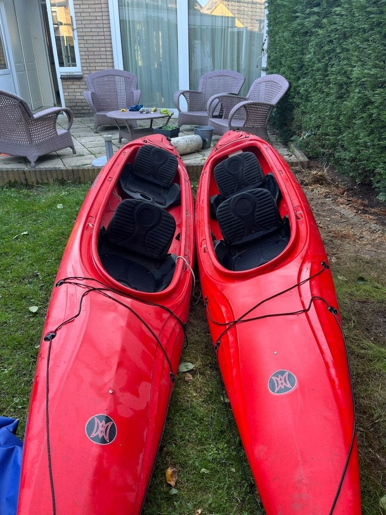 2x Perception Prodigy II 14.5 tandemkajak + 4 peddels, Ophalen, Gebruikt, Met peddels, Kajak