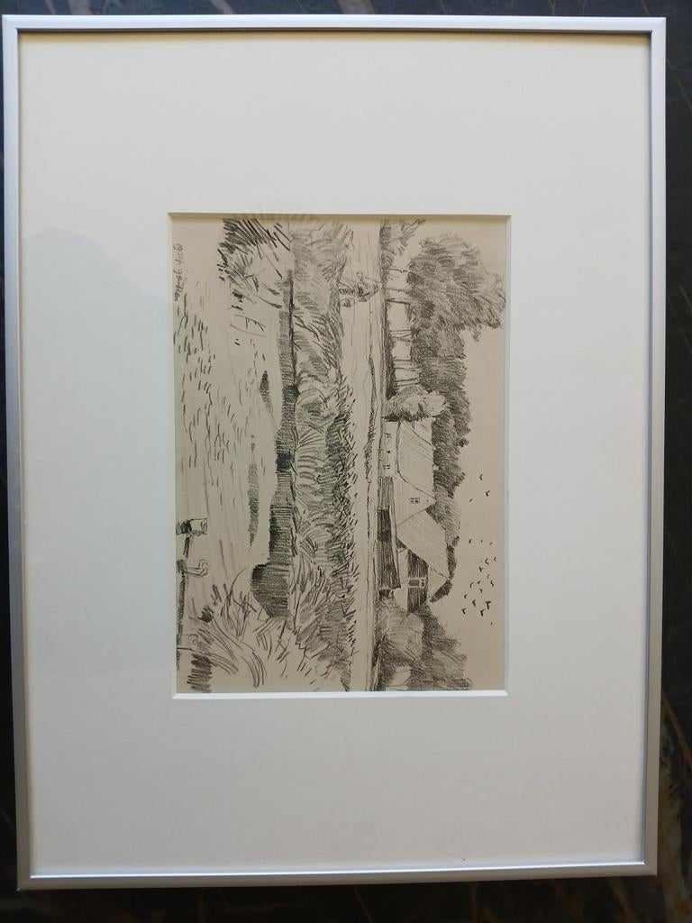 Ingelijste tekening van landschap met boerderij, Antiek en Kunst, Ophalen of Verzenden