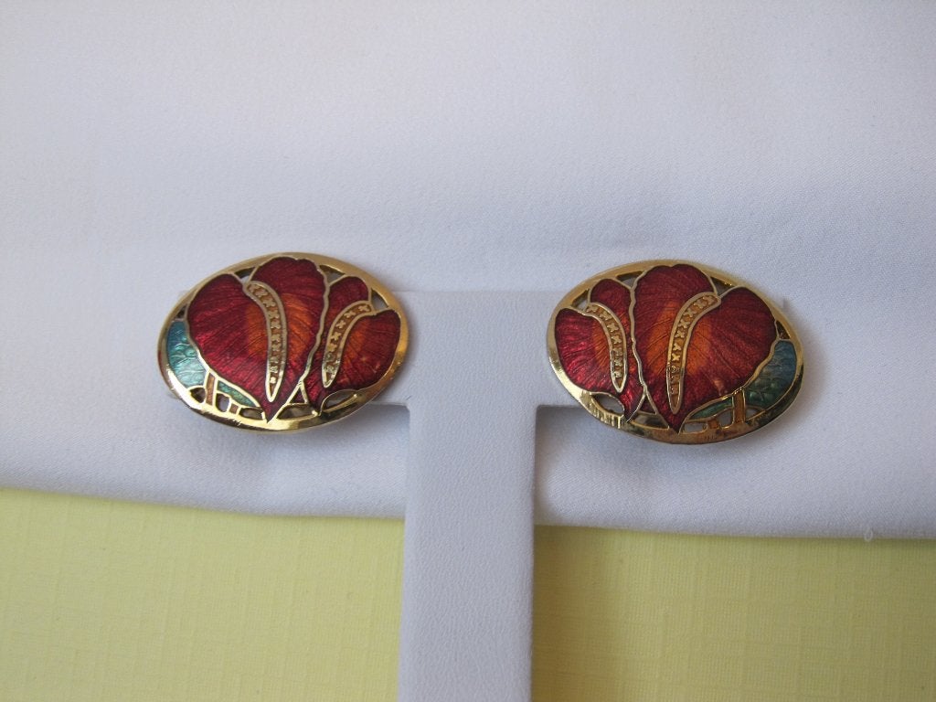 Oorbellen rood groen cloisonne emaille lelie bloem, Ophalen of Verzenden, Zo goed als nieuw, Overige kleuren, Overige materialen