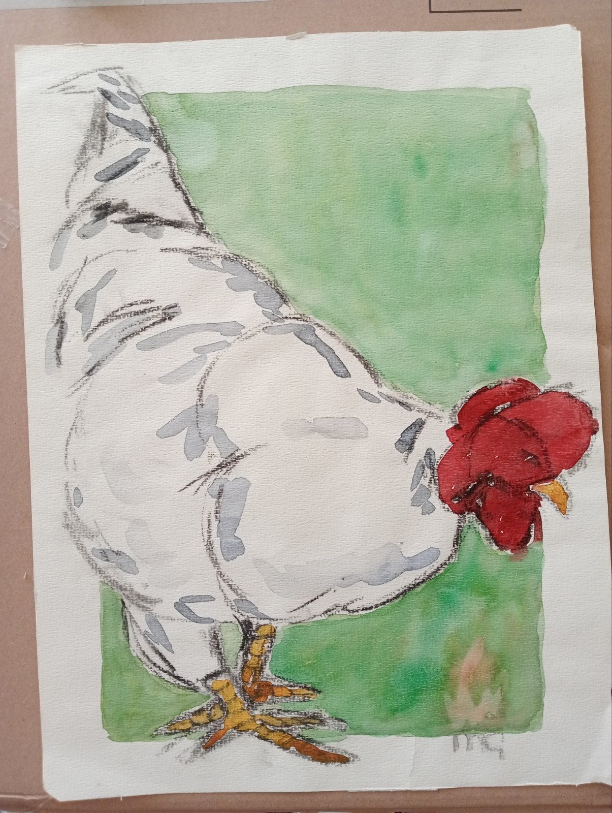 Kip Aquarel met krijt gesigneerd, Antiek en Kunst, Kunst | Tekeningen en Foto's, Verzenden