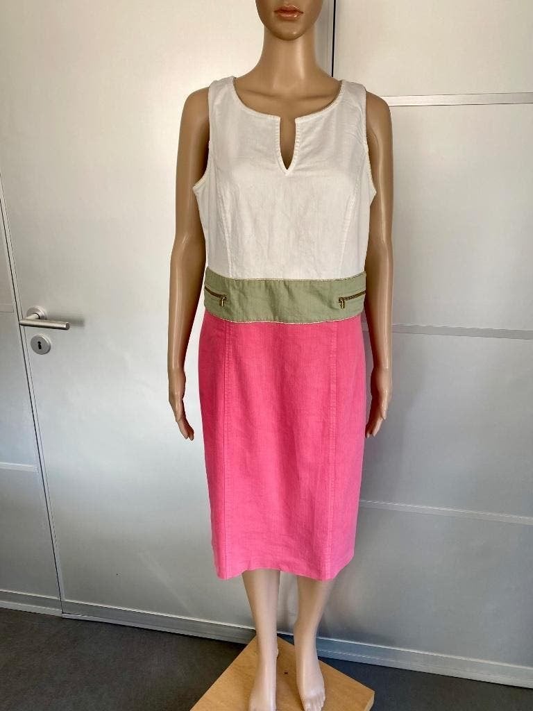 J420 Caroline Biss maat 38=M jurk roze/wit/groen jeans-stof, Maat 38/40 (M), Ophalen of Verzenden, Zo goed als nieuw, Knielengte