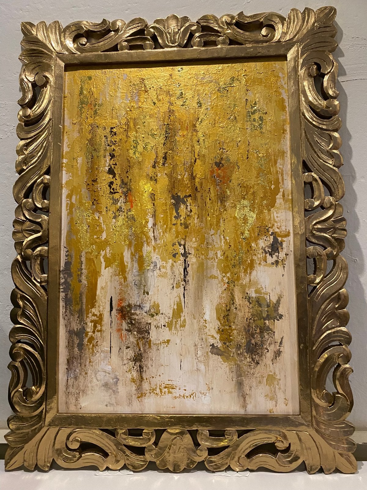 SALE!!! Schilderij in oude lijst canvas doek beige goud VdlM, Ophalen