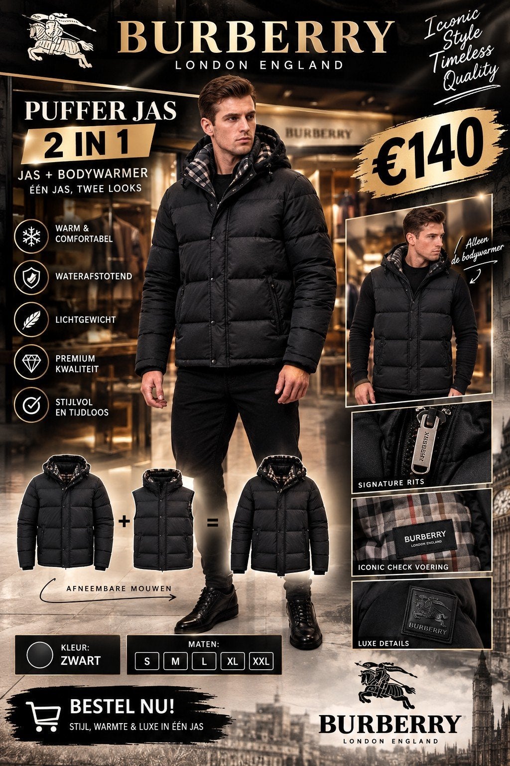 burberry jas heren winterjas 2 in 1, Ophalen, Nieuw, Overige maten, Zwart