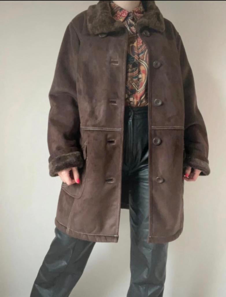 Suèdine nepbont jas, XL. Boho bohemian vintage style fur, Kleding | Dames, Jassen | Winter, Bruin, Verzenden, Maat 46/48 (XL) of groter