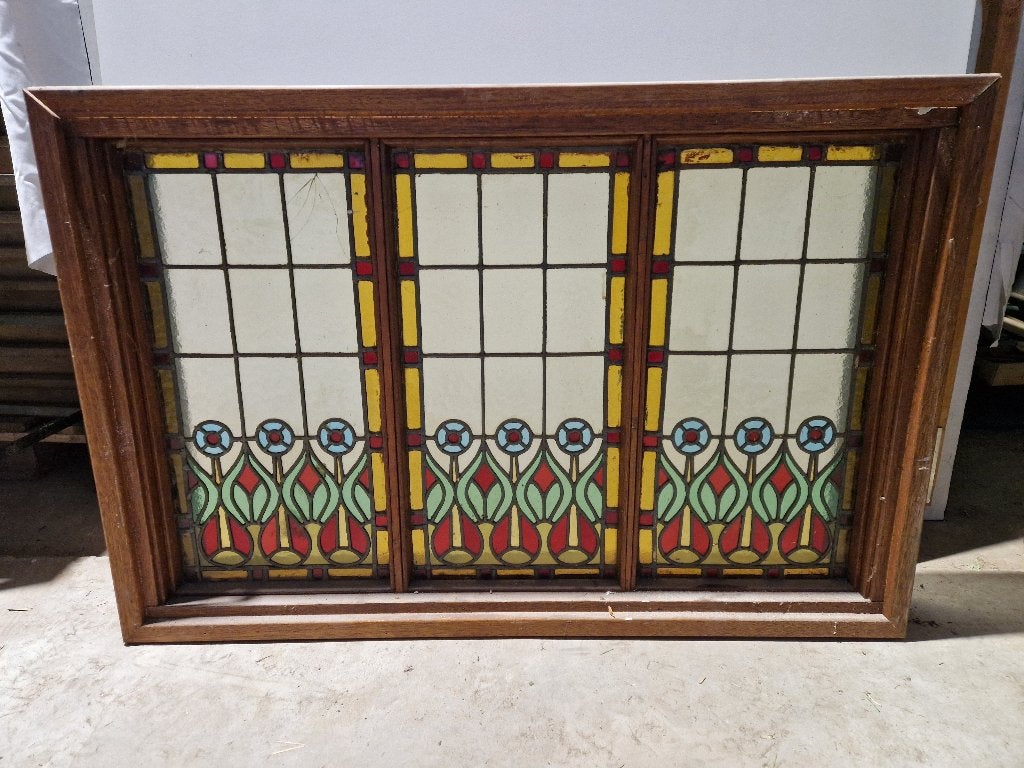 Antiek glas in lood raam in hardhouten kozijn, Ophalen