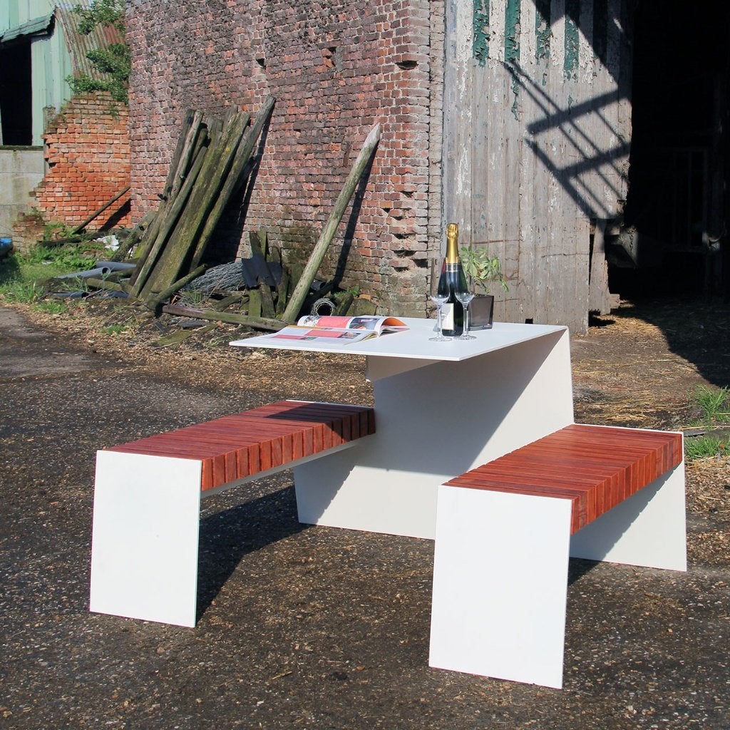 tuintafel in staal en padoek, Tuin en Terras, Tuintafels, Ophalen, Nieuw, Rechthoekig, Metaal