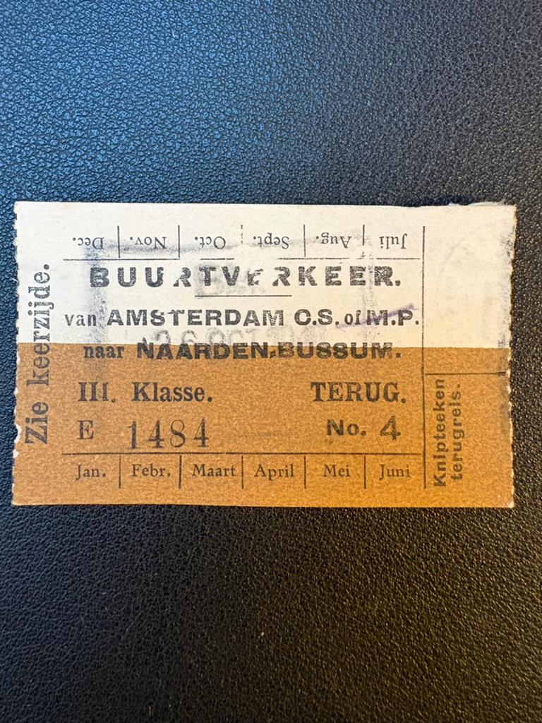 Treinkaartje buurtverkeer Amsterdam - Naarden-Bussum (±1930), Ophalen of Verzenden, Gebruikt, Trein