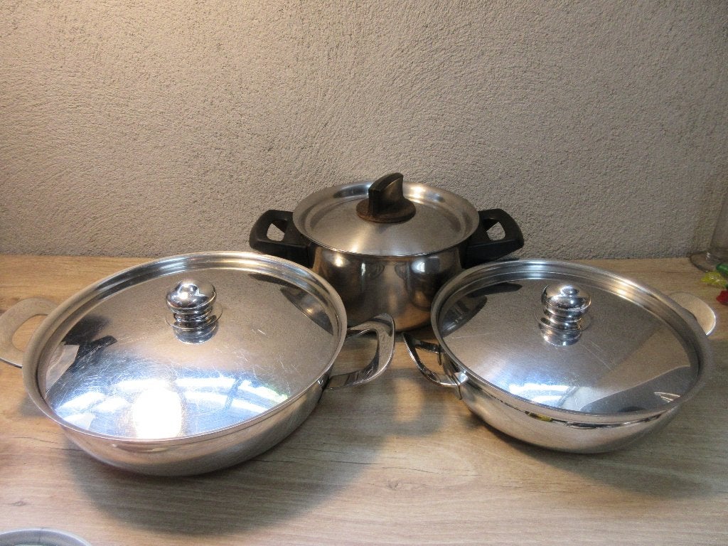Diverse kleine pannen, Ophalen of Verzenden, Gebruikt, Rvs, Pannenset