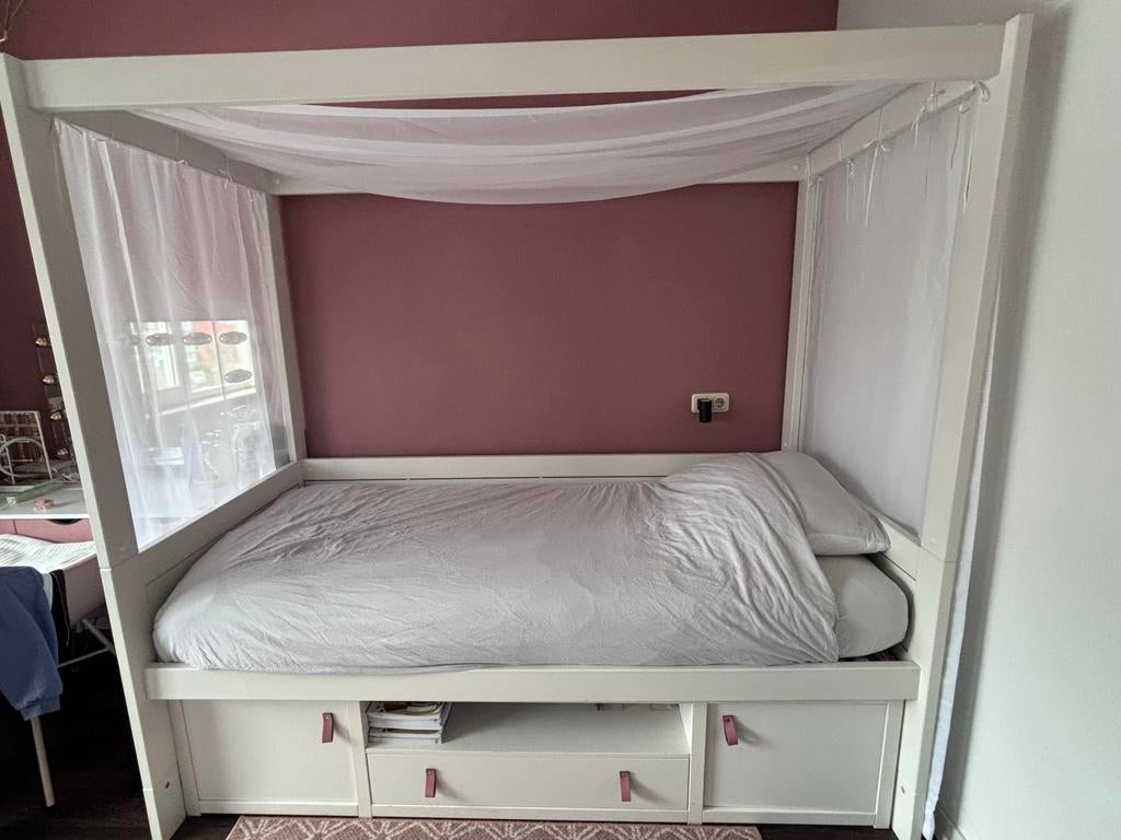 Kajuitbed Lifetime met kastmodule en hemelopbouw, Ophalen, 90 cm, Eenpersoons, Wit