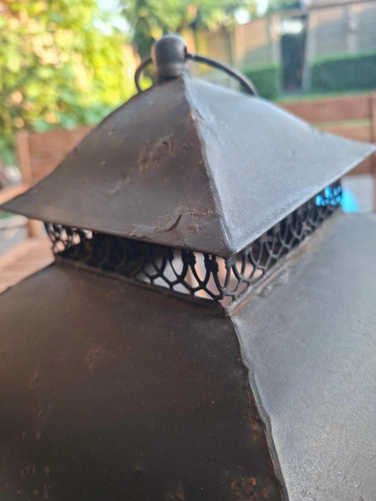 Glazen vierkante lantaarn met 3 olielampjes - 40 cm hoog, Ophalen, Gebruikt, Glas, Lantaarn