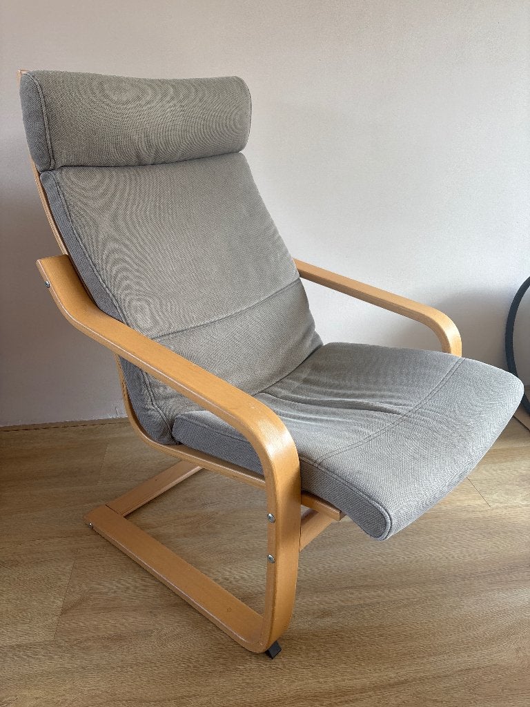 IKEA Poäng fauteuil met voetenbank - Grijs, Ophalen, Hout, Gebruikt, Overige kleuren