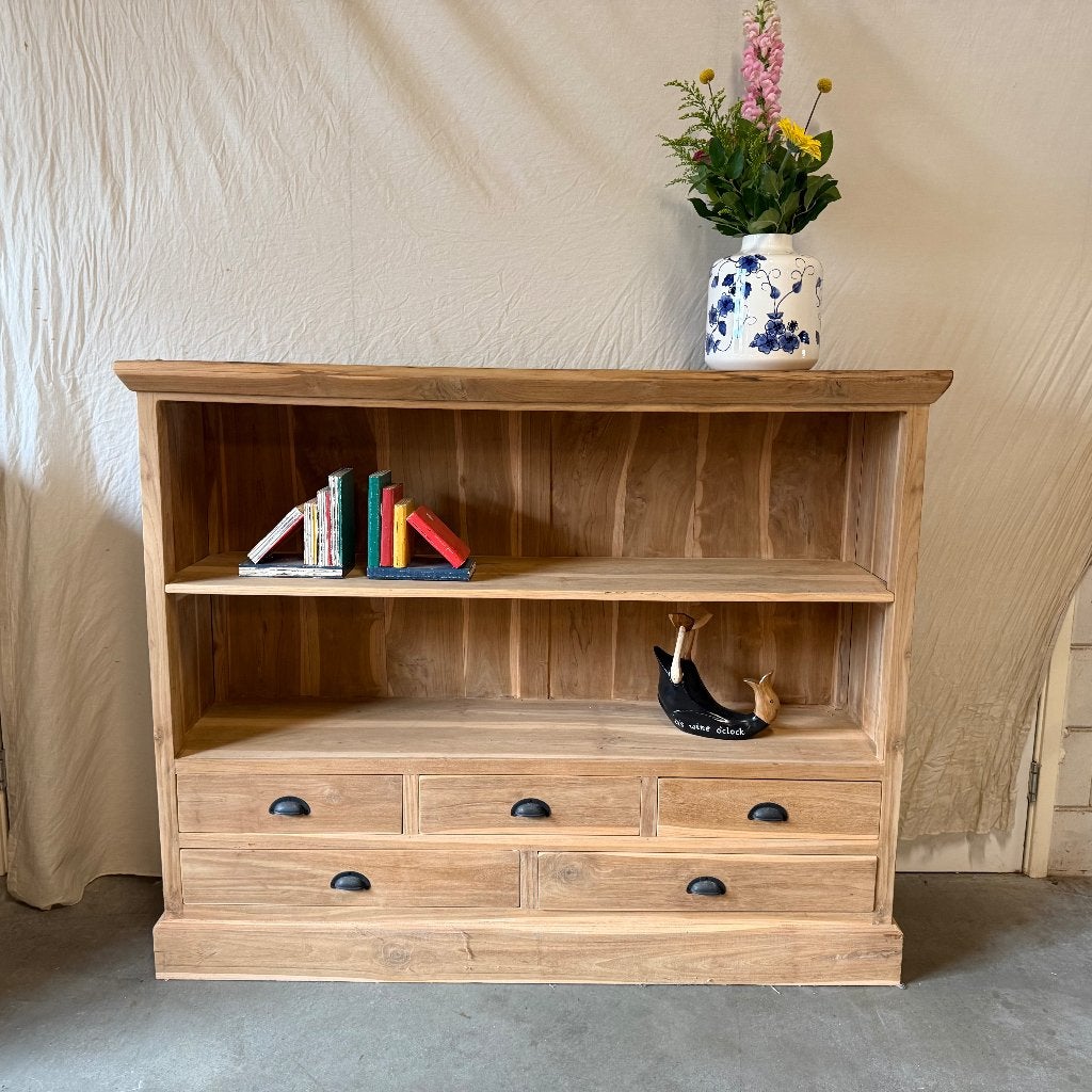 boekenkast teak met 5 lades en 2 planken - Gratis bezorgd