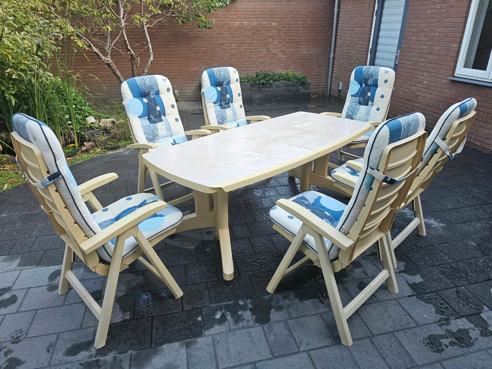 Hartman tuinset met 6 stoelen en kussens, Ophalen, Kunststof, Gebruikt, Eettafel