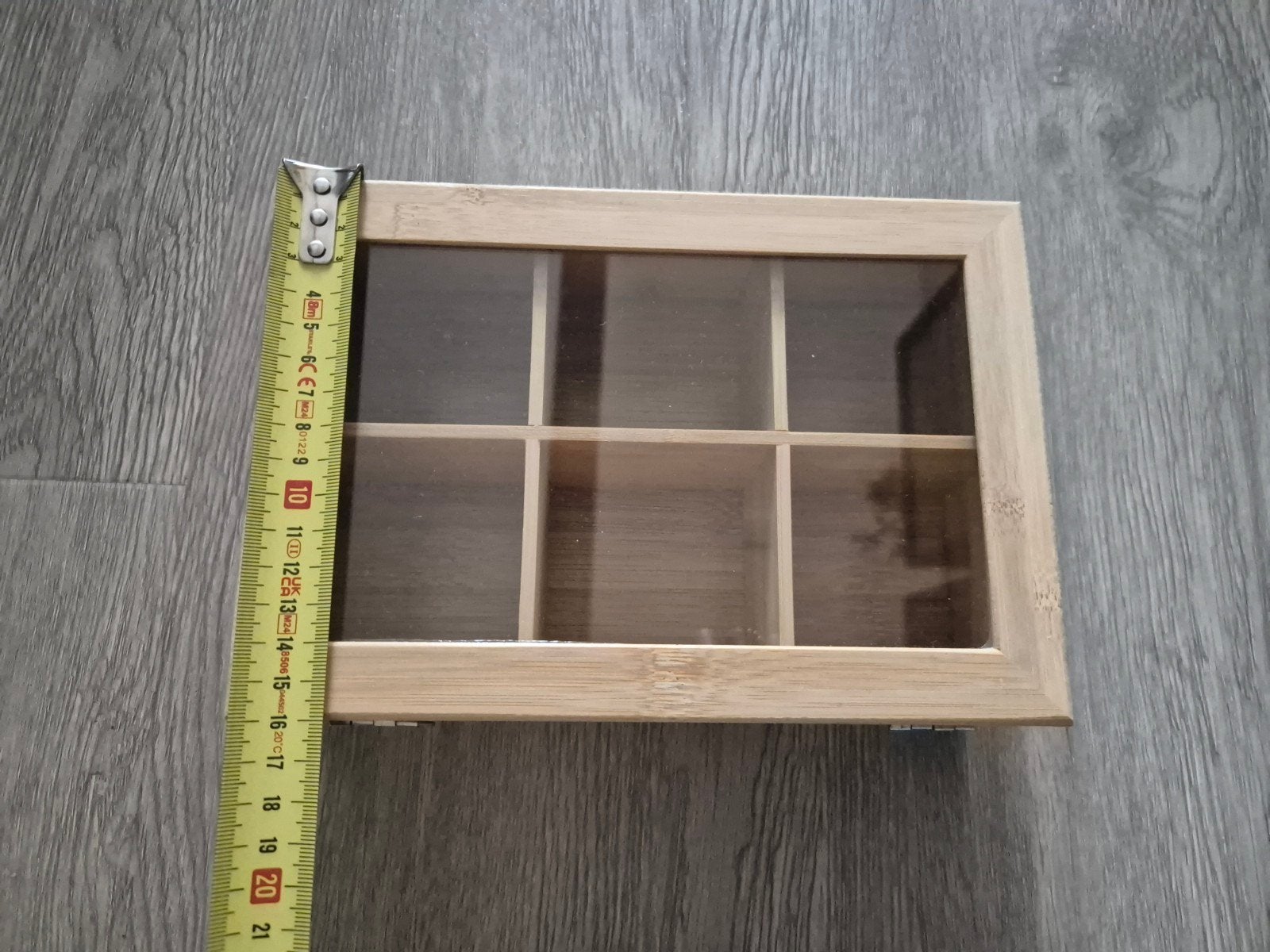 Bamboe theedoos met 6 vakken en glazen deksel, Ophalen of Verzenden, Zo goed als nieuw, Bruin, Hout