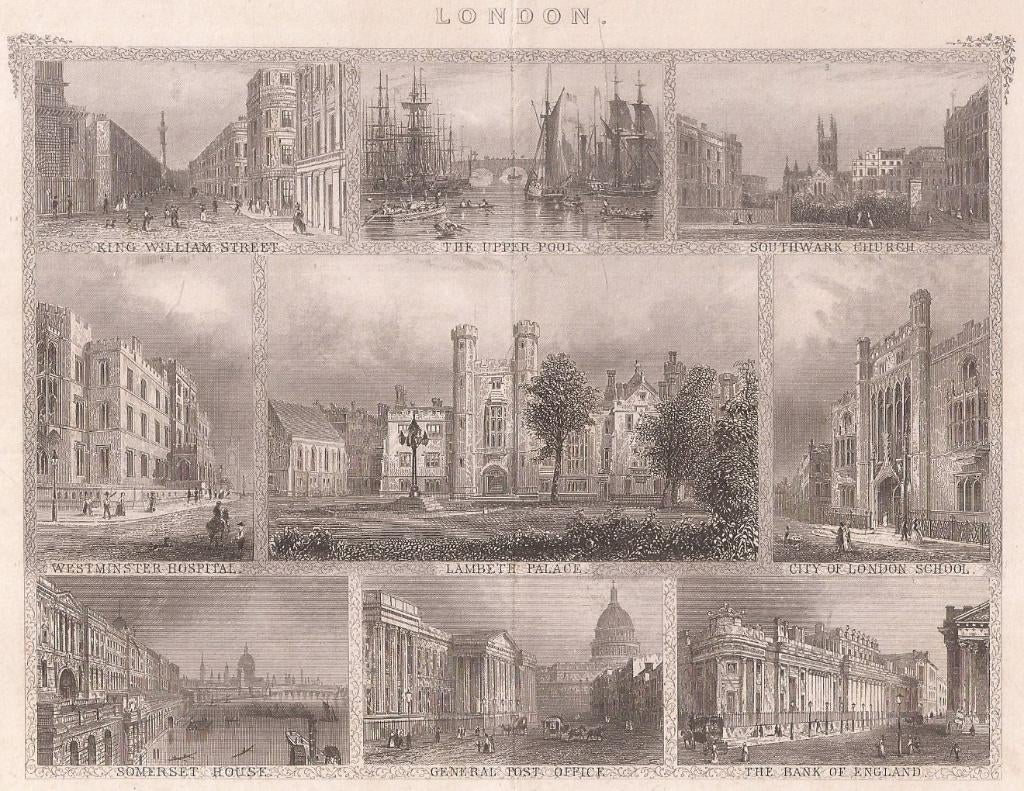 Londen ca. 1850 Blad 9 afb. Lambeth Palace Southwark Church, Antiek en Kunst, 1800 - 1899, Stadsgezicht, Ophalen of Verzenden