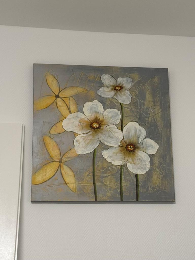 Modern canvas schilderij met bloemen Grijs, wit en goud/geel, Ophalen of Verzenden