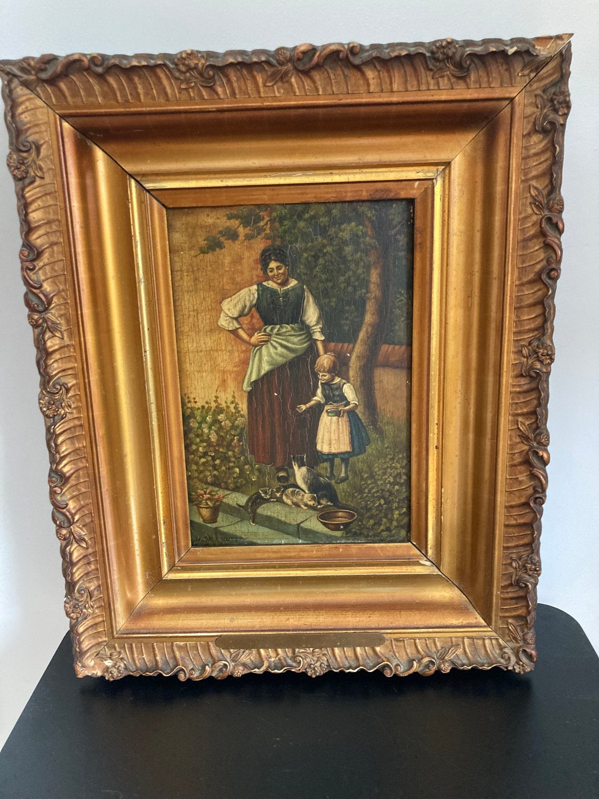 Olieverschilderijtje - met vrouw, poes en kittens., Antiek en Kunst, Kunst | Schilderijen | Klassiek, Paneel, Dieren, Ophalen of Verzenden
