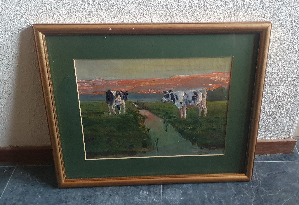 Hollands landschap met koeien olieverf op doek, Antiek en Kunst, Kunst | Schilderijen | Klassiek, Ophalen of Verzenden