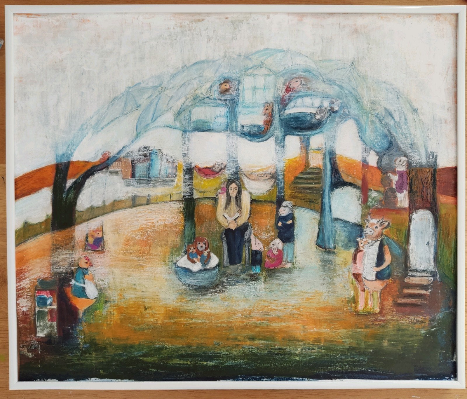 Schilderij Kinderkamer: Dieren Lezen, Slapen, Authentiek, Antiek en Kunst, Dieren, Papier, Overige technieken, Expressionistisch