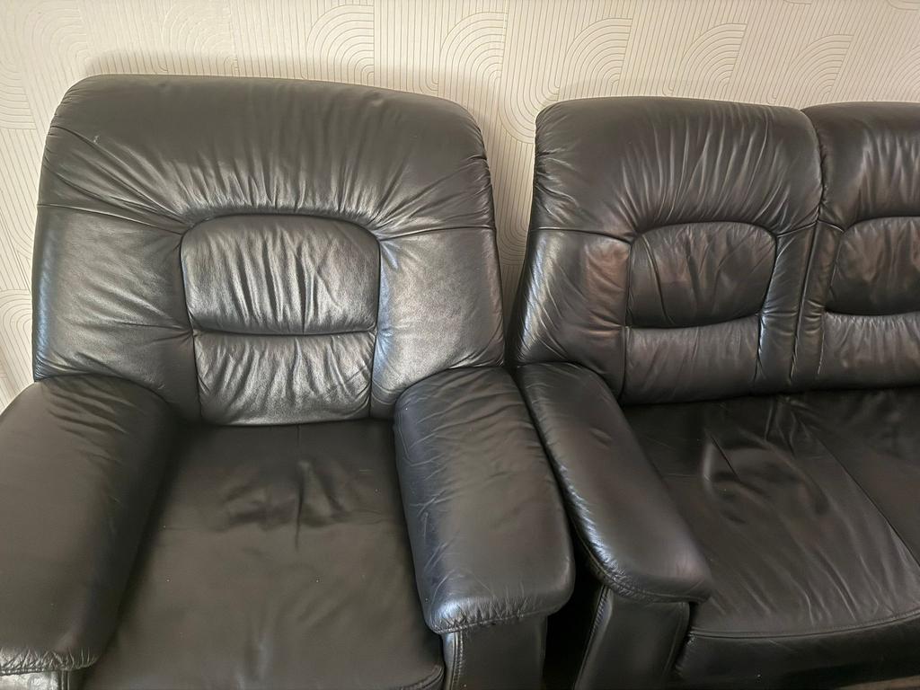 Zwart leren bankstel + fauteuil 3-zits goede staat, Ophalen of Verzenden, 75 tot 100 cm